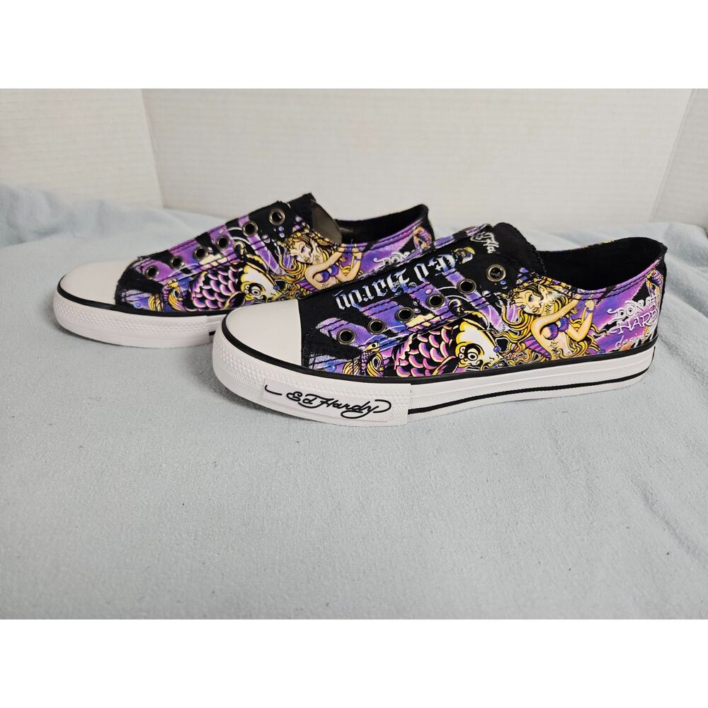 Vintage Ed Hardy Slip On Laceless Canvas Sneakers Purple Geisha Koi Tattoo Y2K - Picture 2 of 7